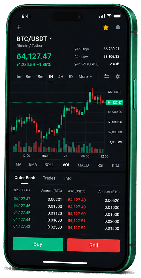 Plataforma de trading Rezerva Invest en móvil — gráficos de BTC/USDT en tiempo real, libro de órdenes y panel para comprar y vender